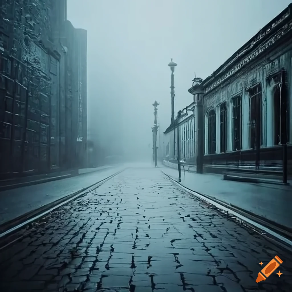 Rainy and foggy street outside an underground train station