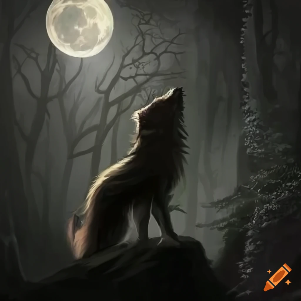 Werewolf howling at full moon in a dark forest