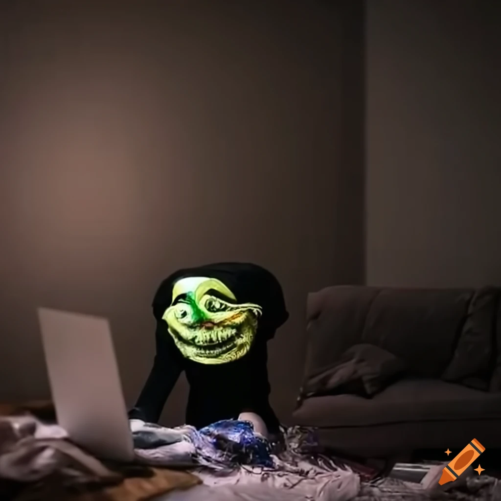 Trollface in a messy dark living room with a PC and garbage around
