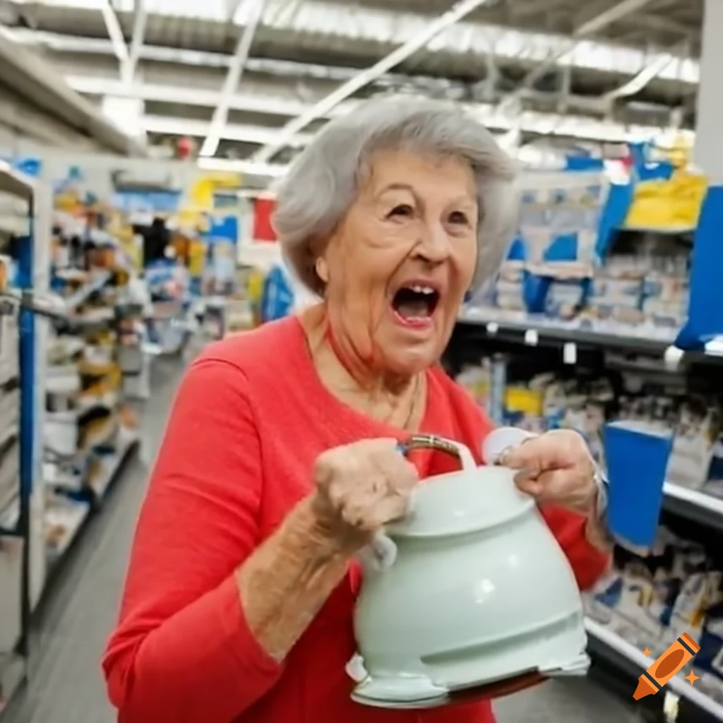 Eccentric old woman with a teapot running in Walmart