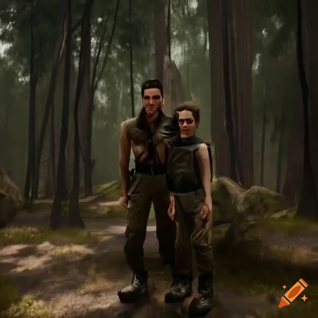 Man, scout girl, and boy in Australian taiga forest during rain in Unreal Engine 5