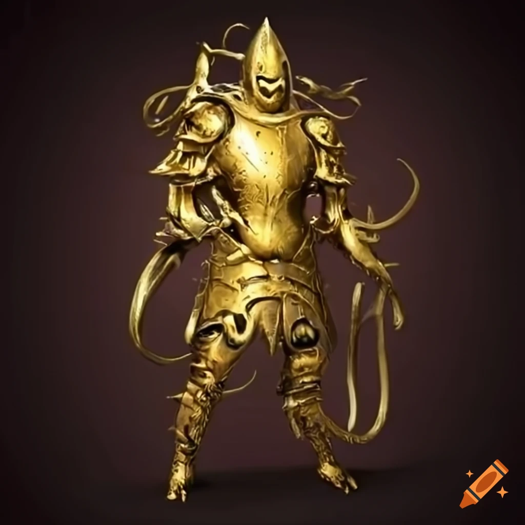Giant squid monster with 8 tentacles in golden plate armor on Craiyon