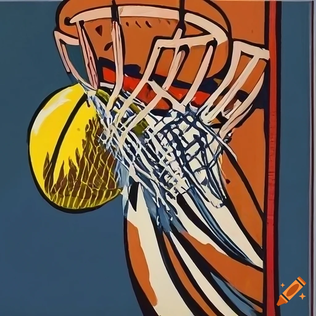 Roy fox lichtenstein style oil painting of basketball hoop and ball on