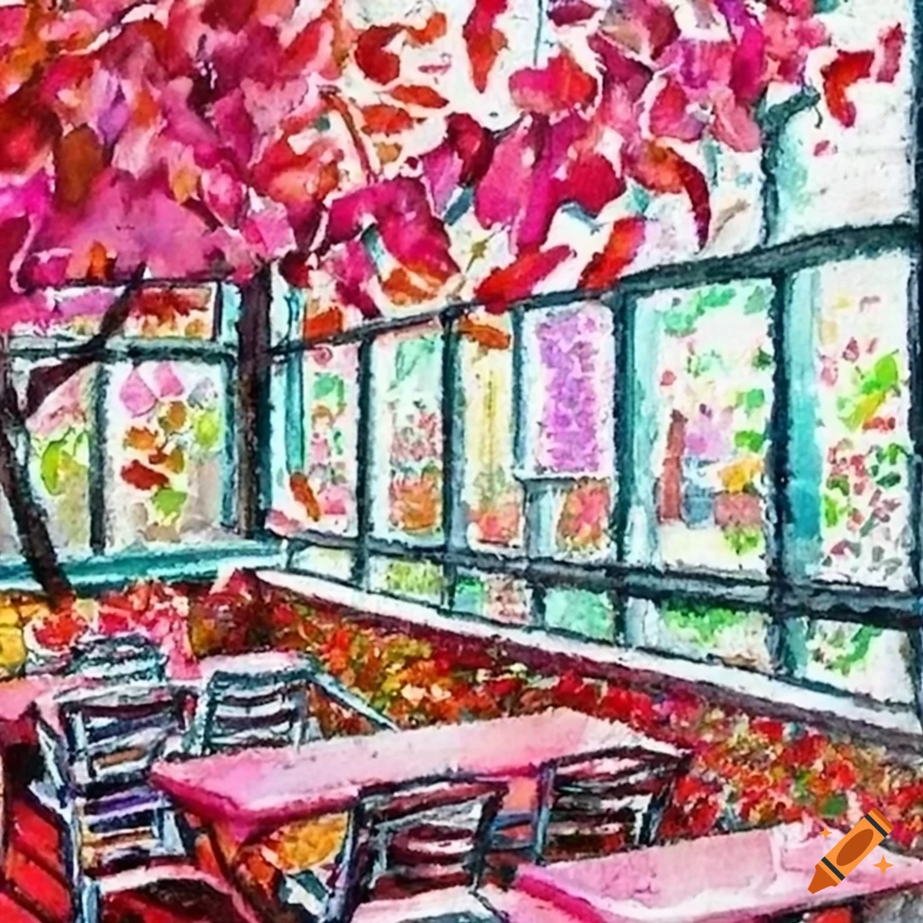 Cafeteria with pink tables and falling leaves in a pointillism watercolor style