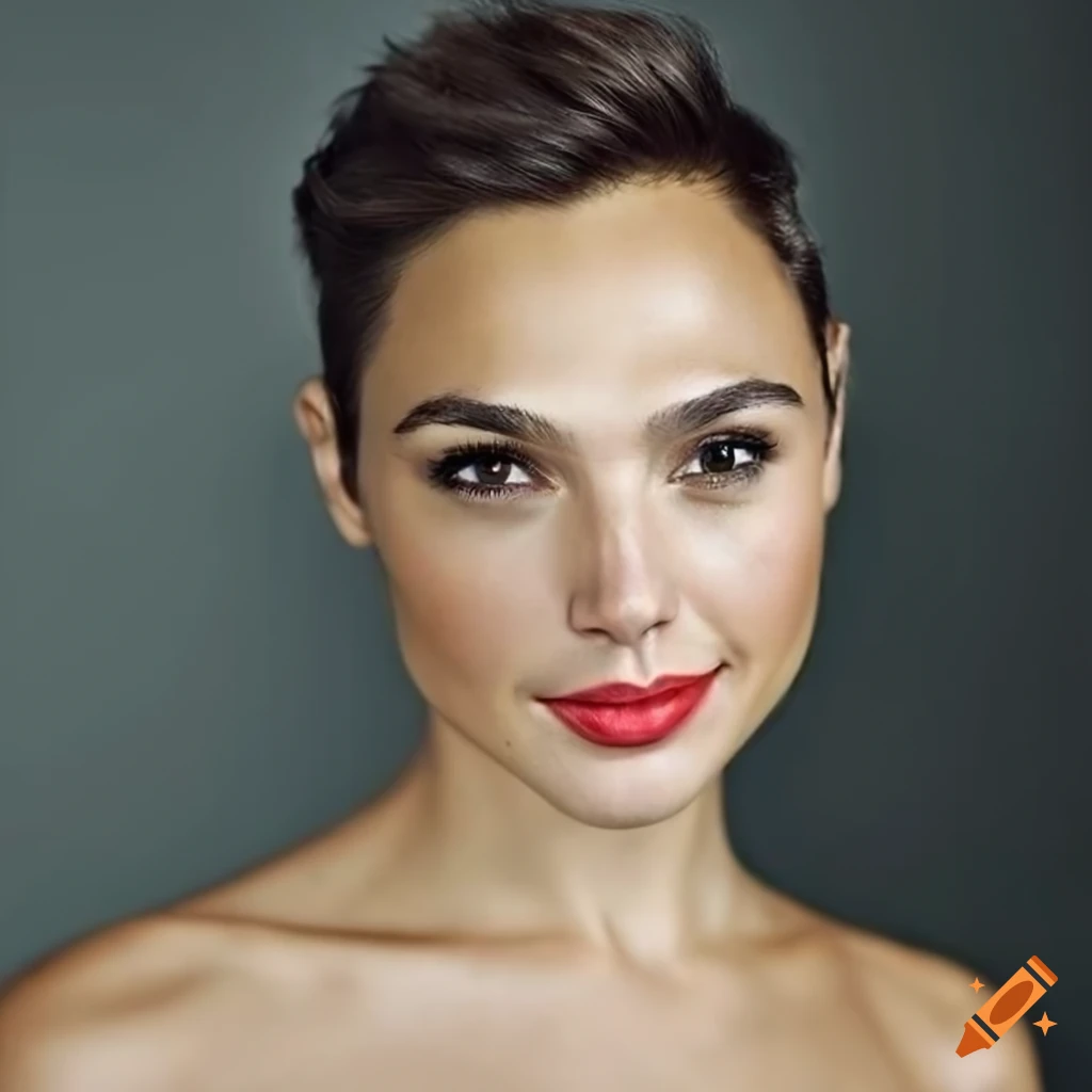 Young adult business professional with short pixie hair and resembling Gal Gadot