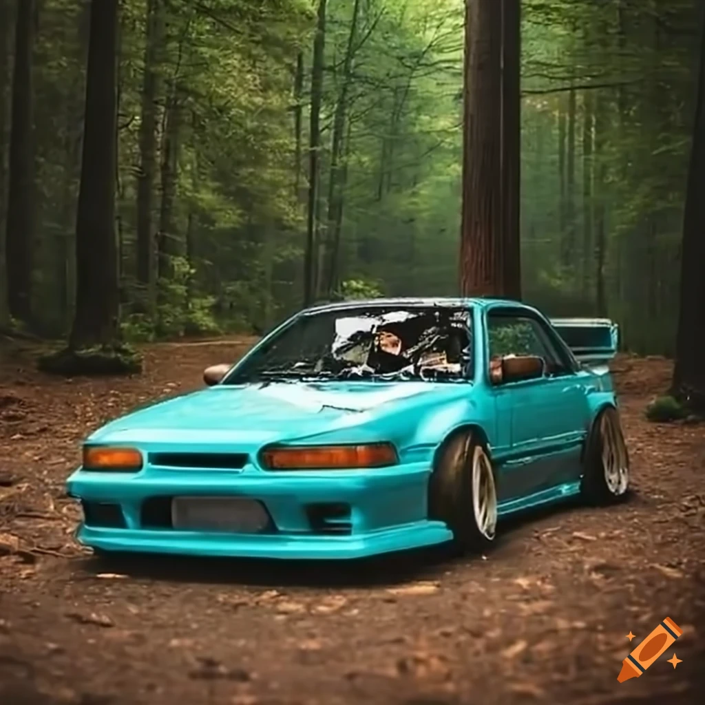 JDM drift car offroading in a forest