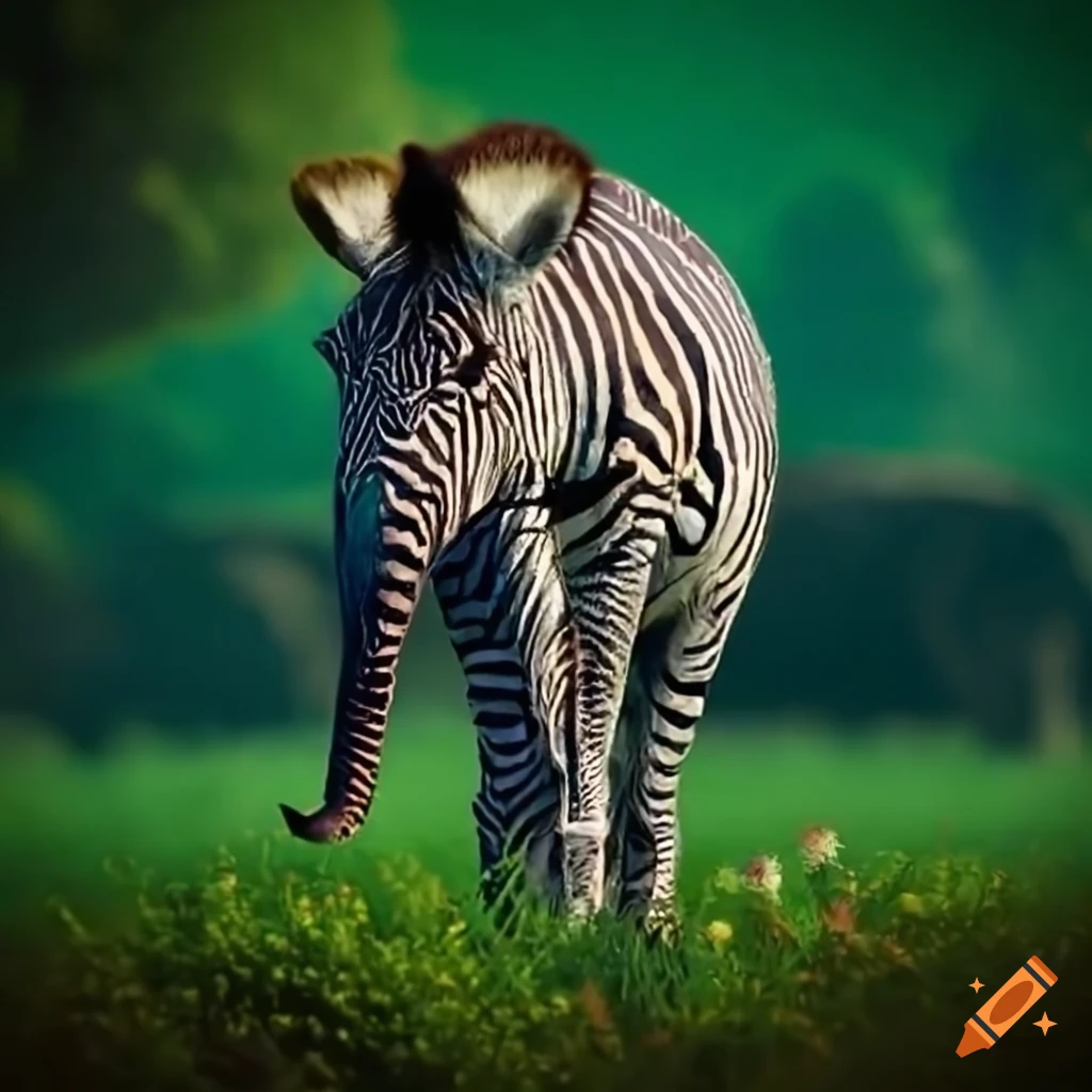 Zebra with elephant trunk in a flower meadow