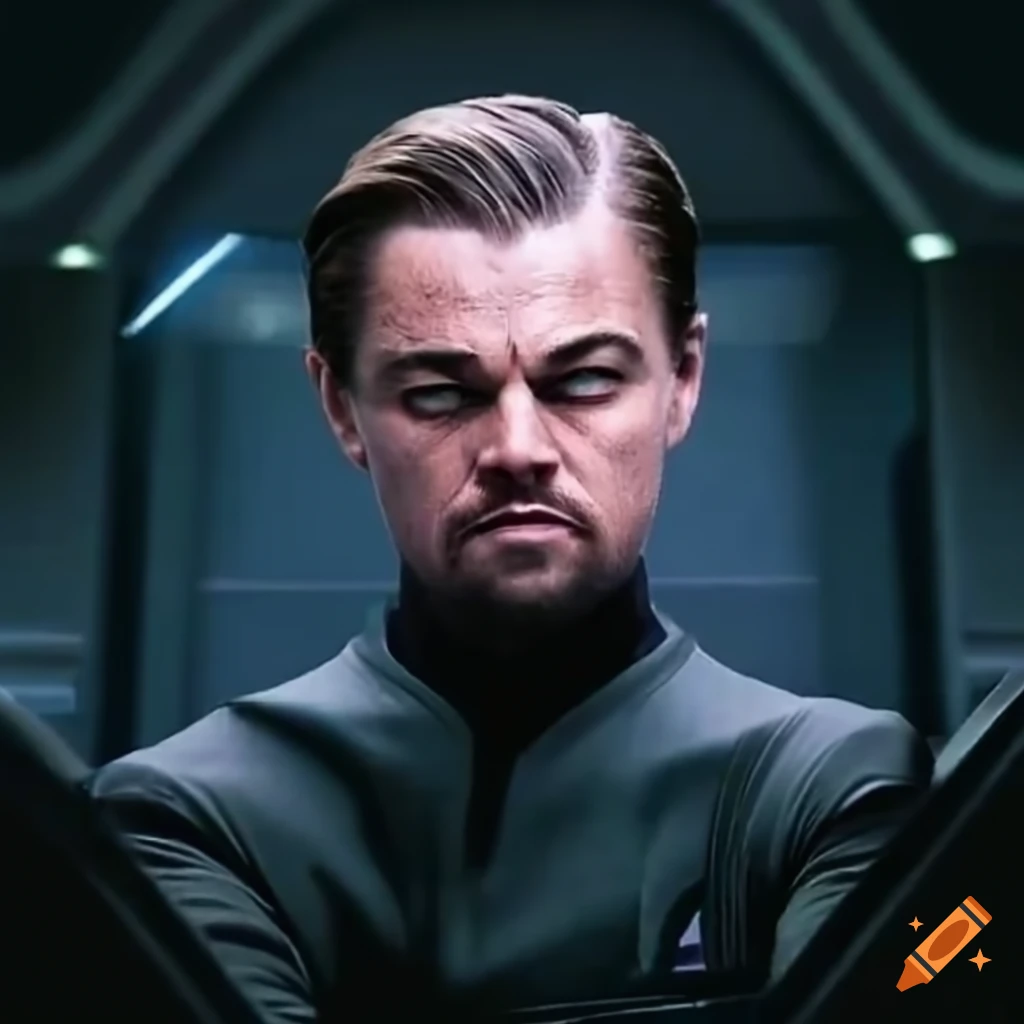 Leonardo DiCaprio on the bridge of a Star Trek starship in an alien city sky