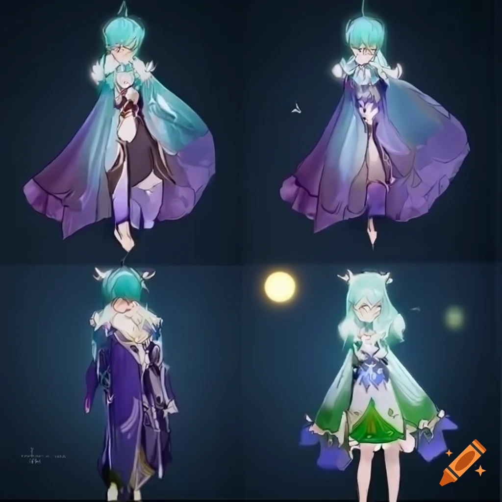Detailed dress inspired by Genshin Impact style with algae, pearls, and purple accents