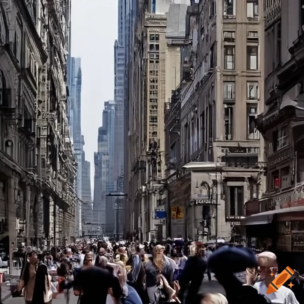 Busy city street with skyscrapers, cars, and people