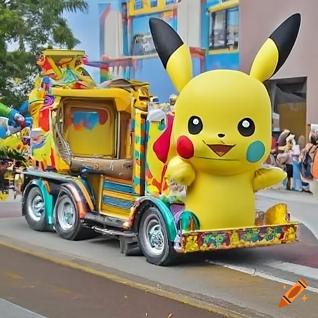 Pikachuthemed parade trucks for celebration on Craiyon