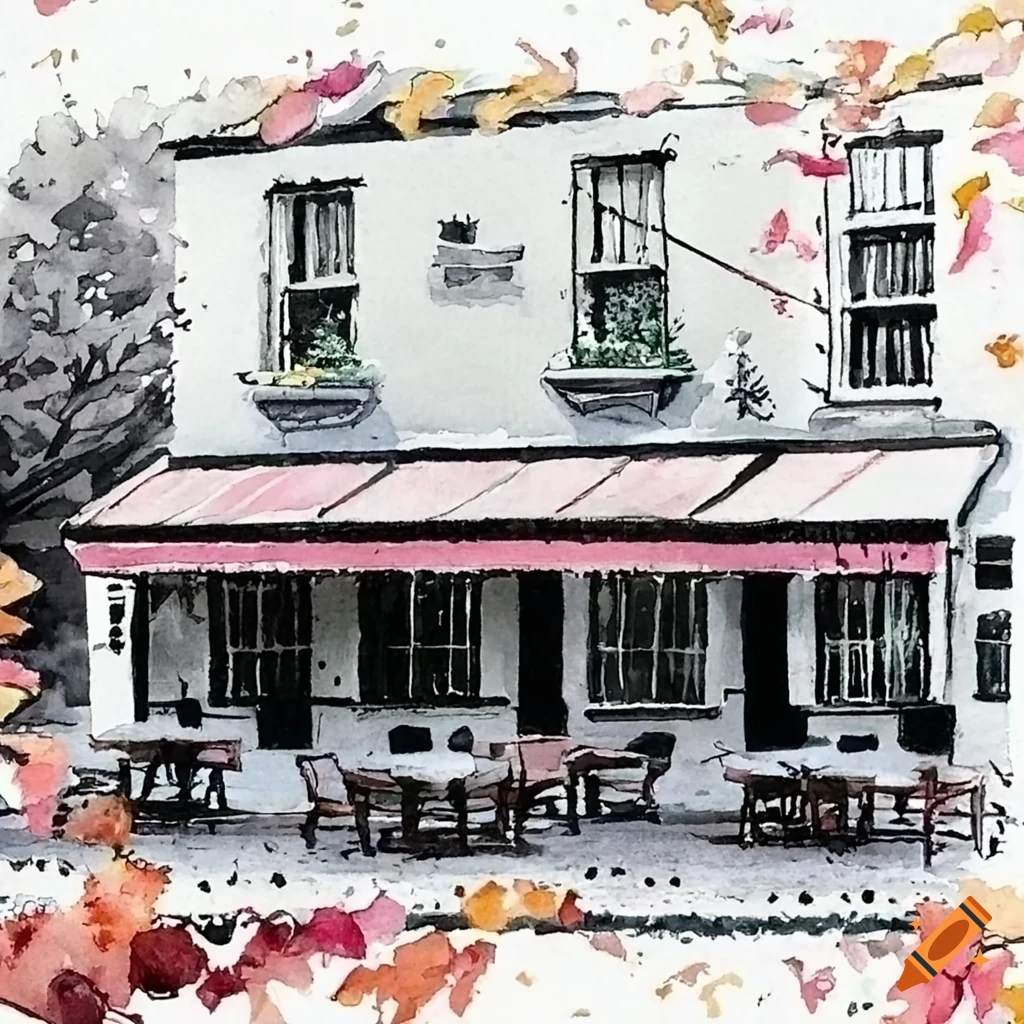 Cafeteria with pink tables and falling leaves in a pointillism watercolor style