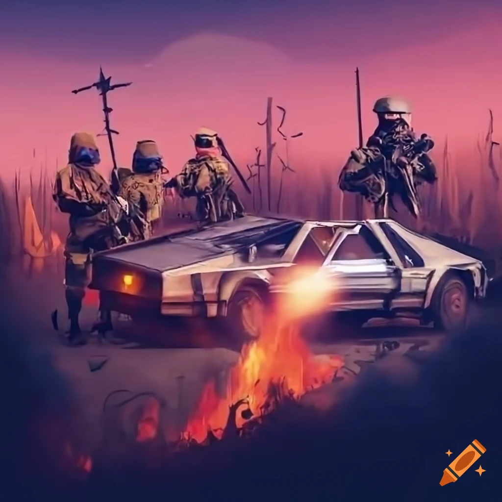 Futuristic post-apocalyptic paintball battle with time machine car in countryside farm