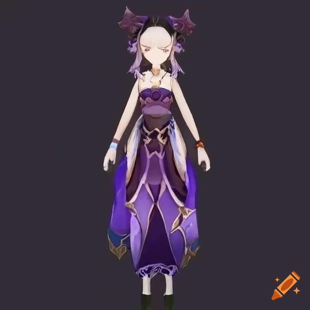Detailed dress inspired by Genshin Impact style with algae, pearls, and purple accents