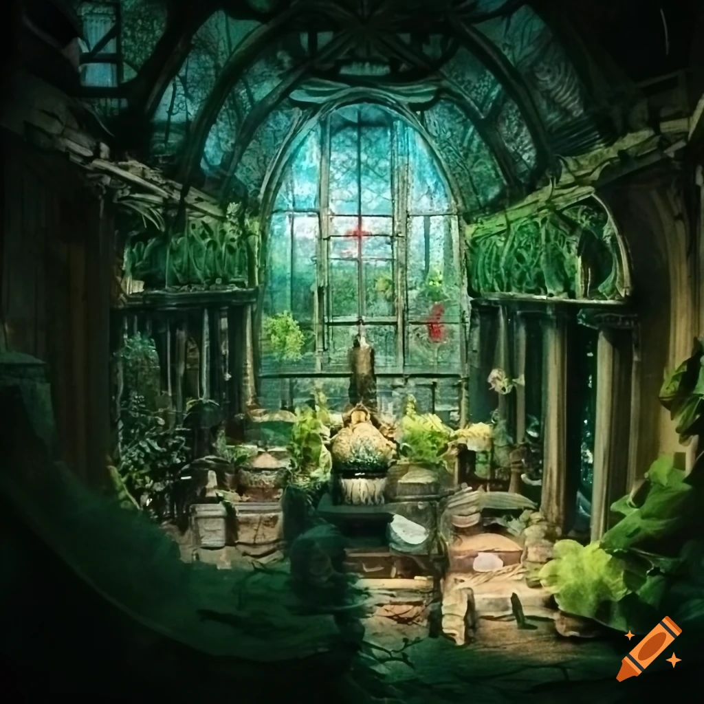 Magical inside of a greenhouse at Hogwarts with a table in the middle