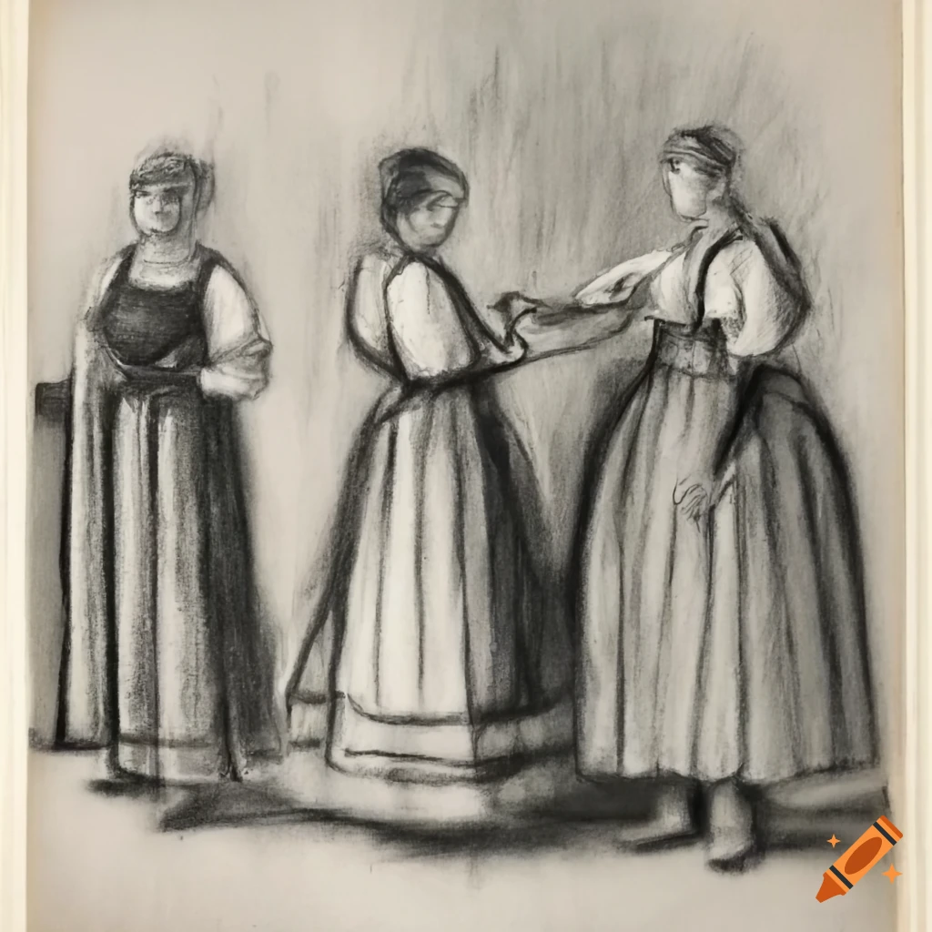 Polish peasant women chatting near a village fence in black and white charcoal drawing