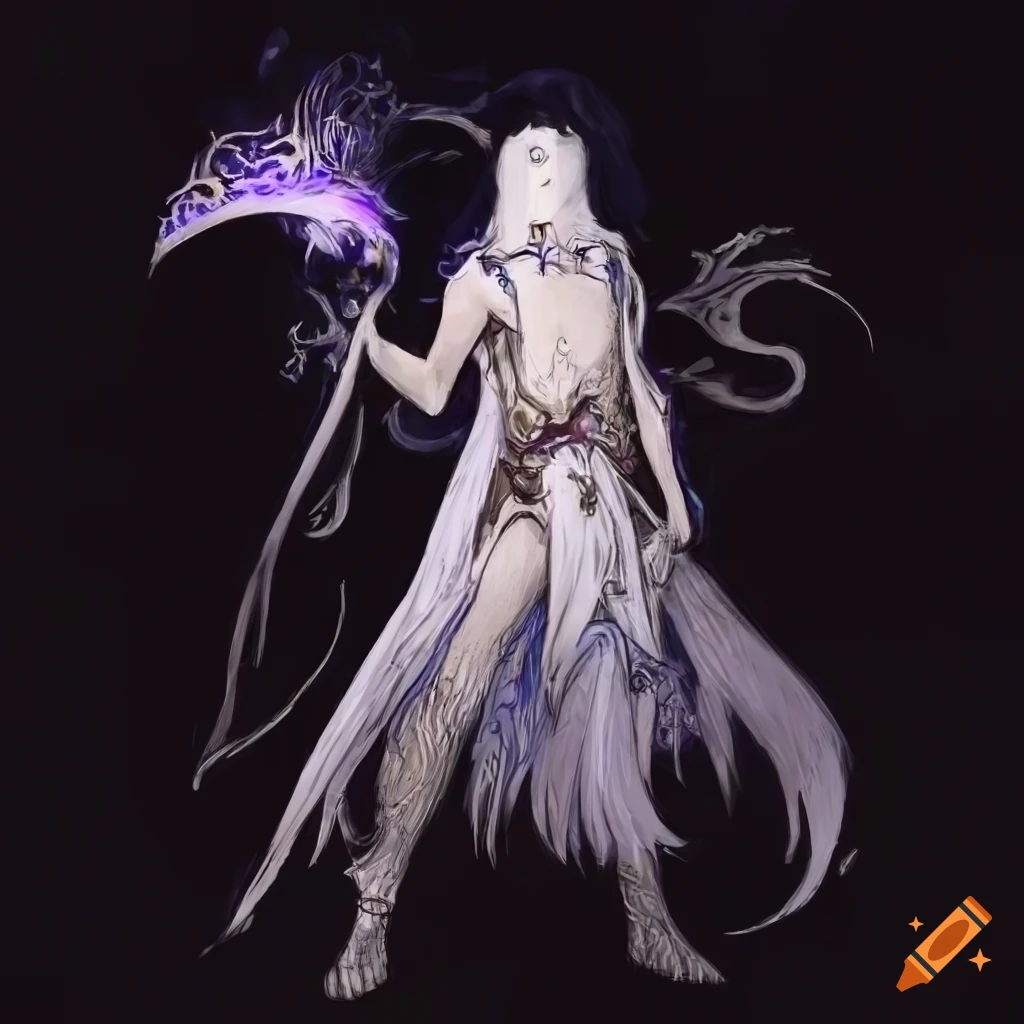 Ethereal albino male viera mage wielding a scythe in Yoshitaka Amano style