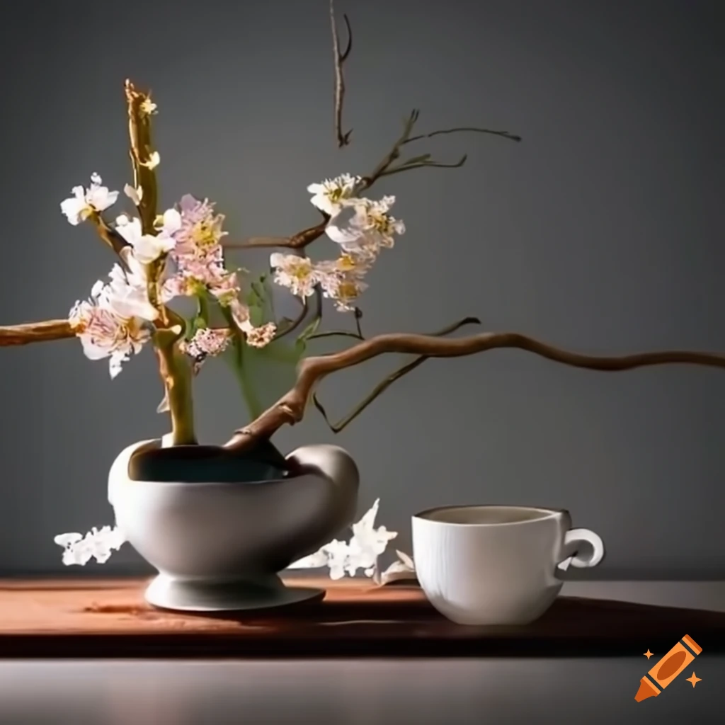 Ikebana arrangement with blossoms and a cup of coffee