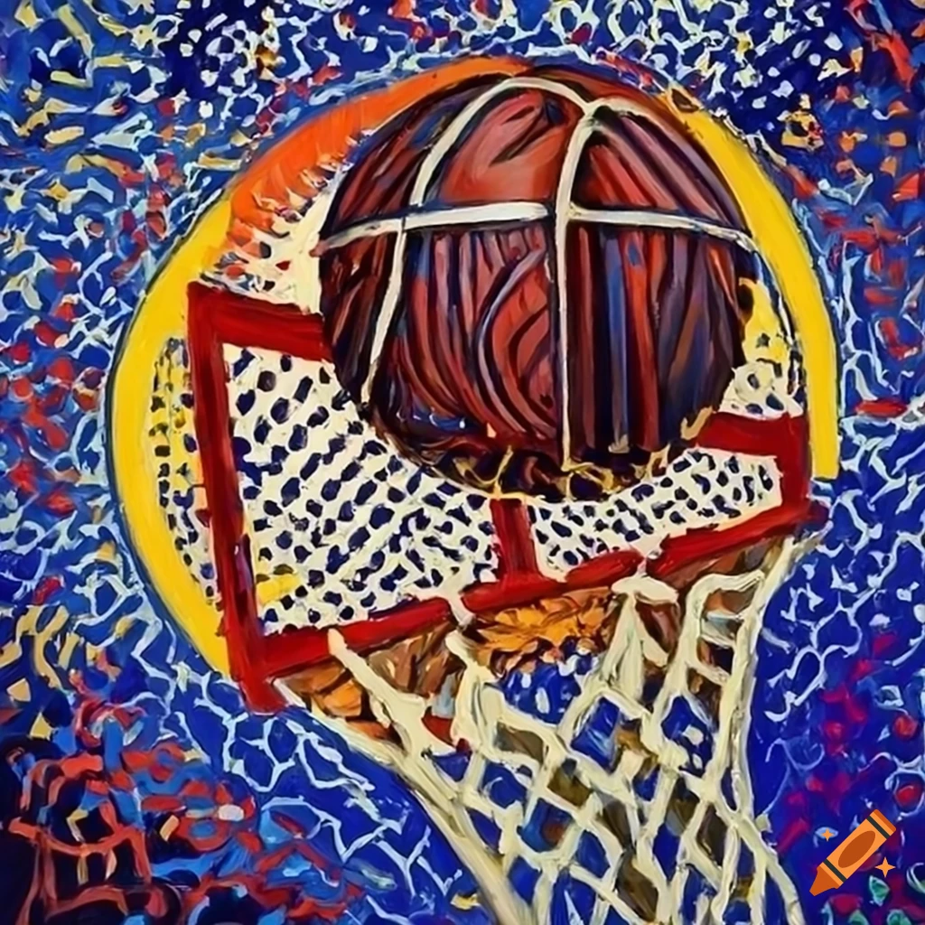 Vibrant oil painting of basketball hoop and bouncing ball in