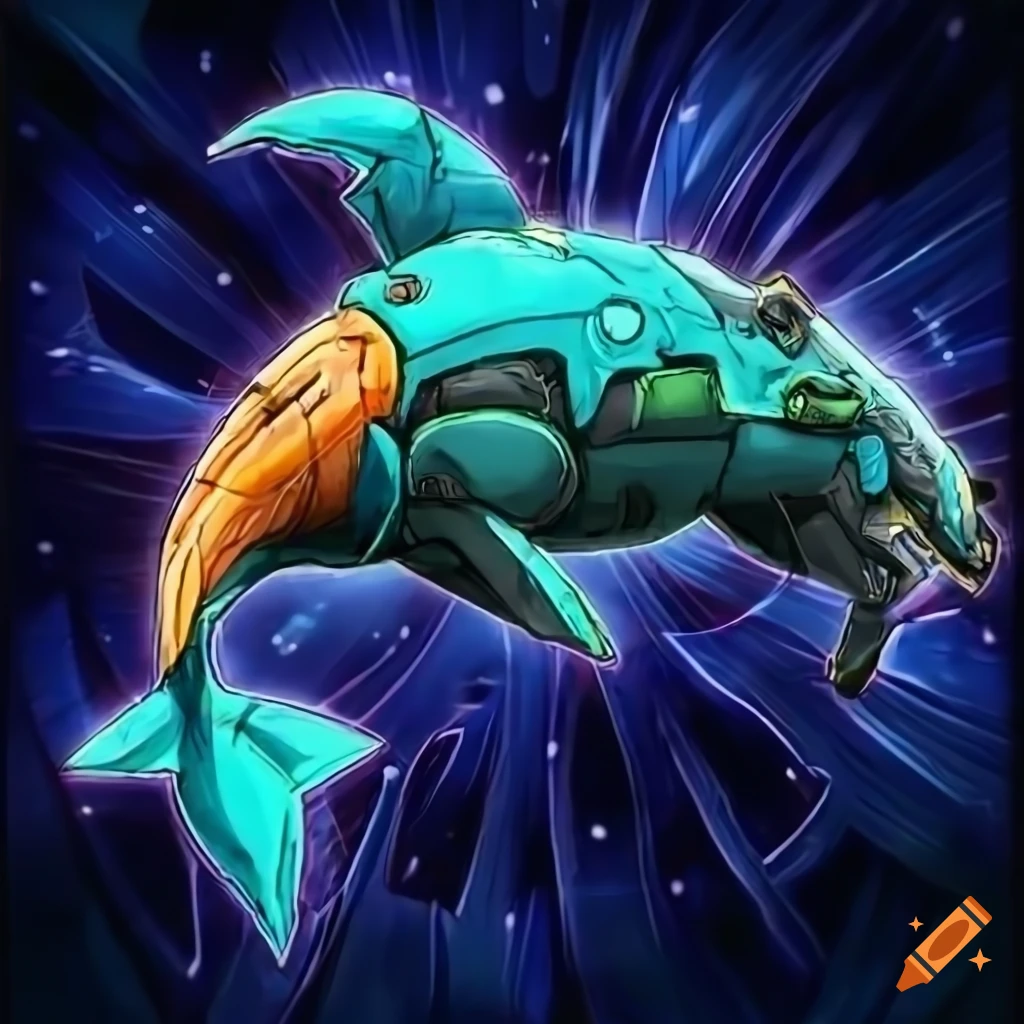 Cybernetic whale swimming in a digital network in Yu-Gi-Oh art style
