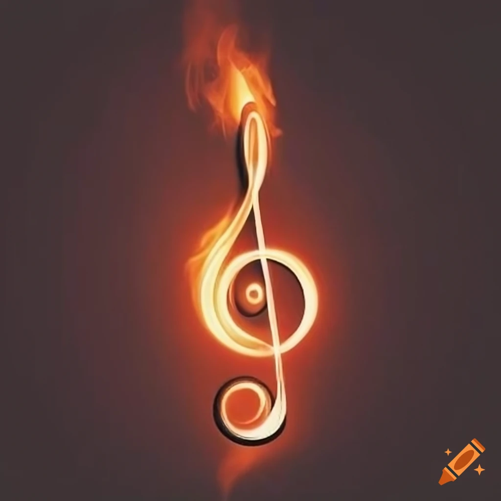 Treble clef engulfed in flames on a dark background