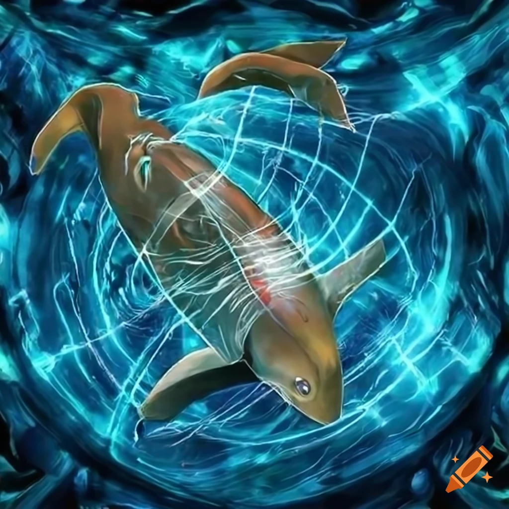 Cybernetic beluga whale swimming through a digital network in Yu-Gi-Oh style