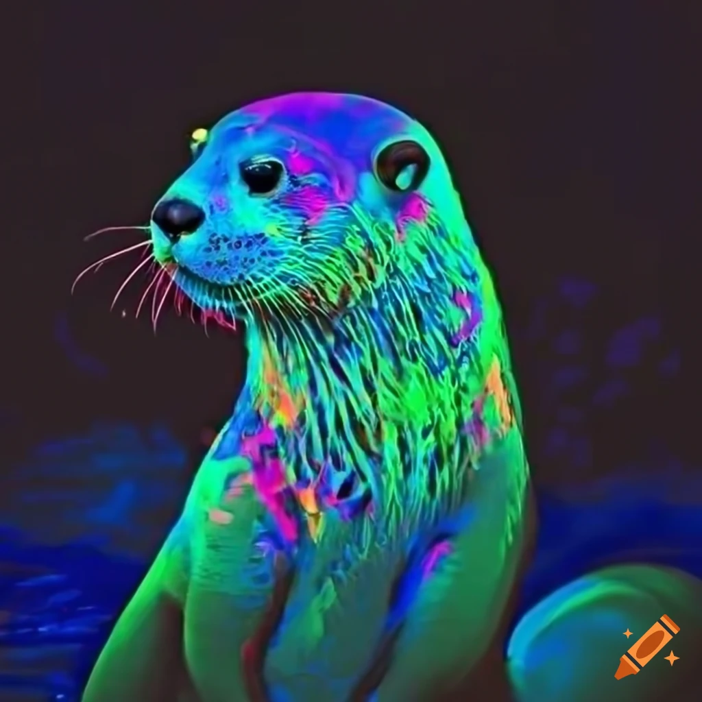 White otter swimming surrounded by trippy blacklight bubbles