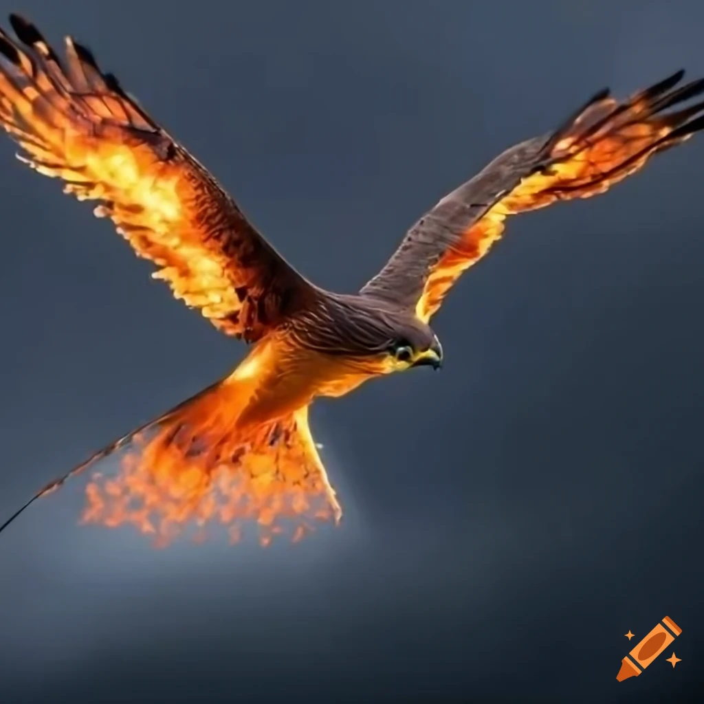 Burning sparrowhawk in a stormy night sky