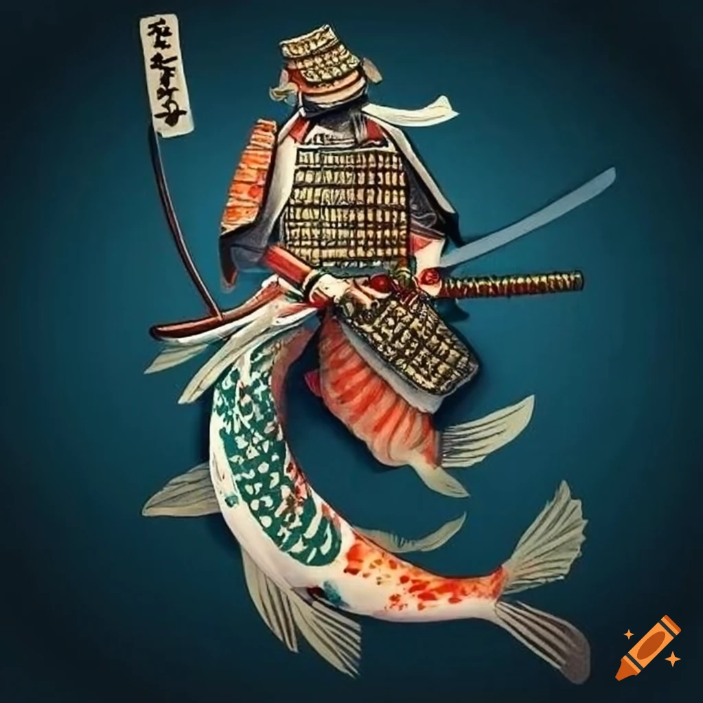 Samurai attacking a koi fish in woodblock style