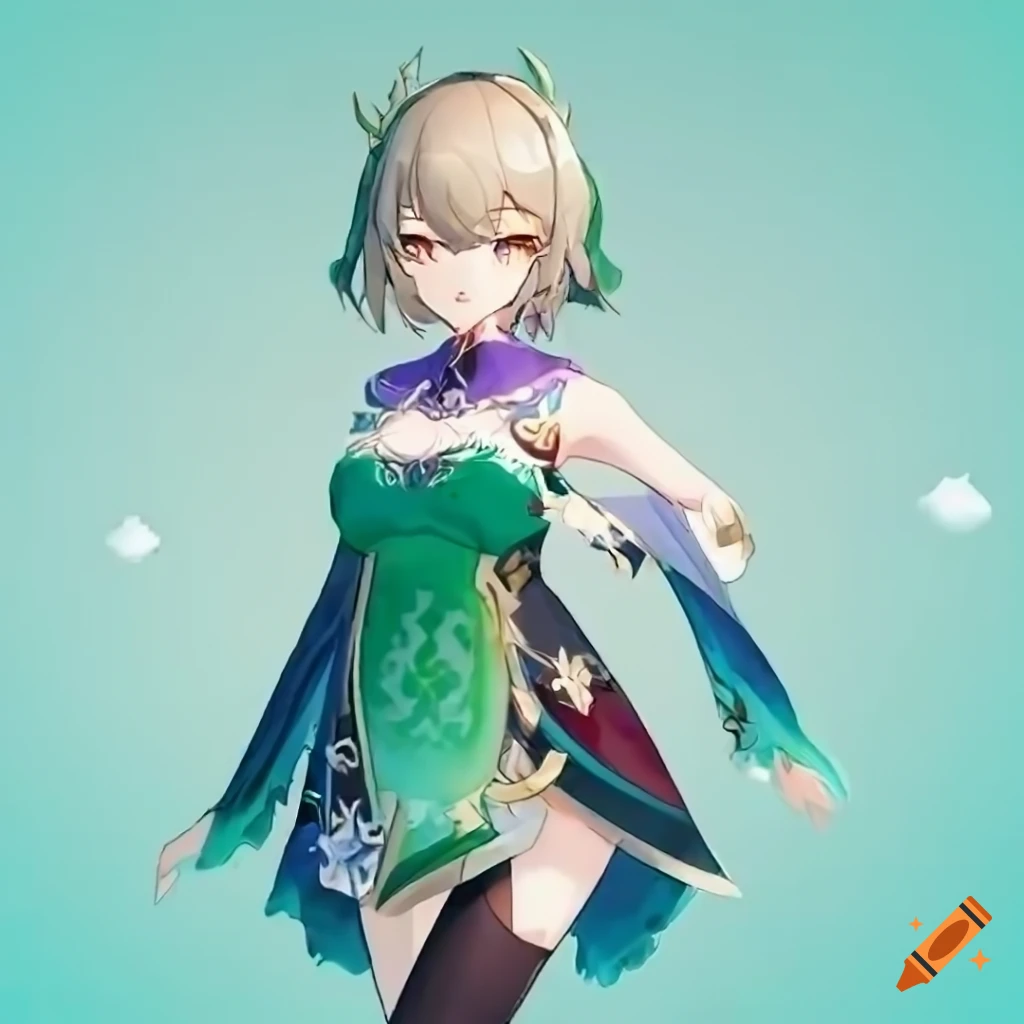 Detailed dress inspired by Genshin Impact style with algae, pearls, and purple accents