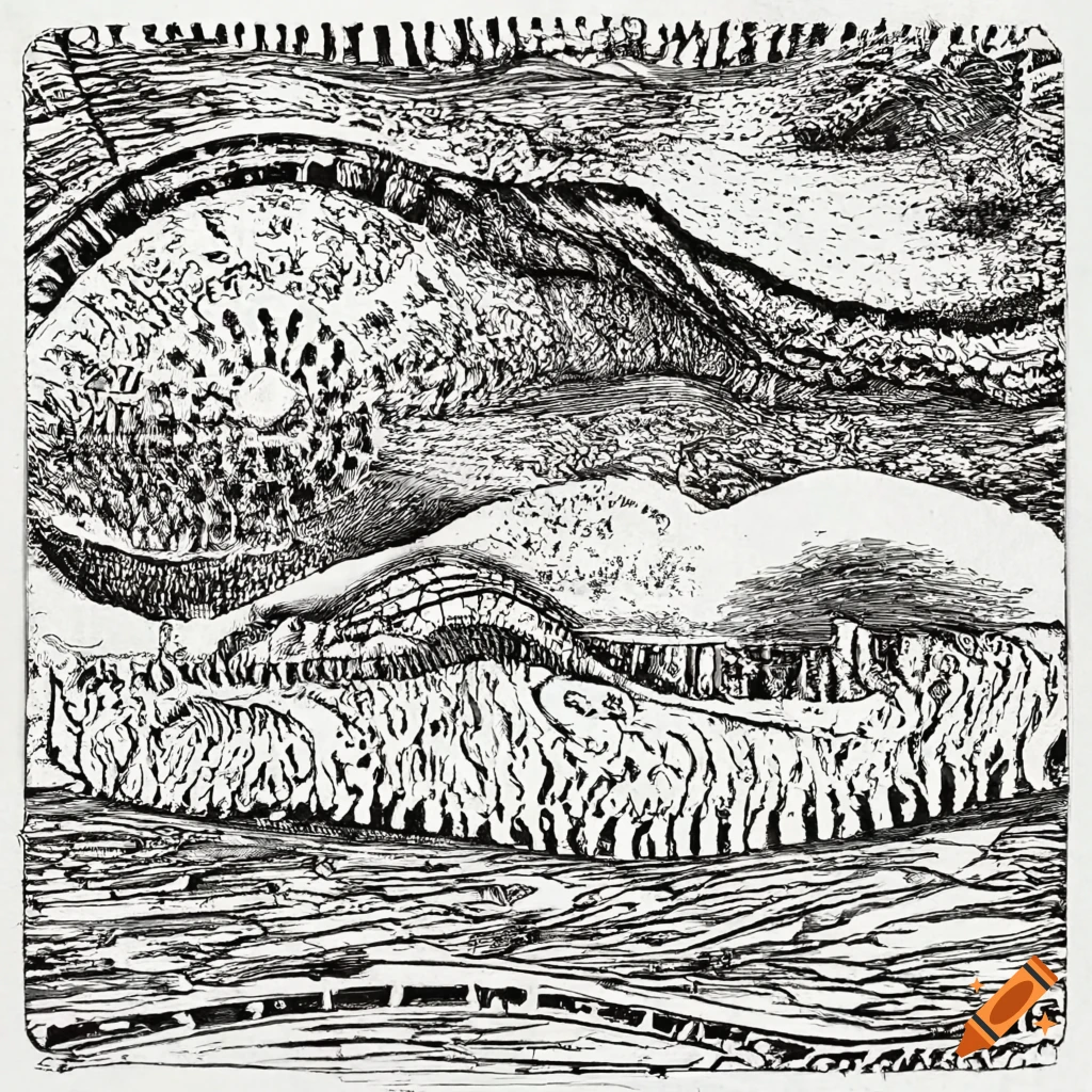 Diverse group on a roller coaster in a desert landscape etching