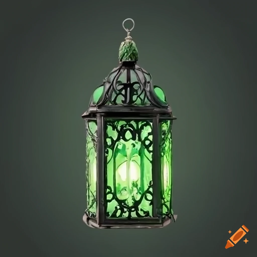 Intricately designed Gothic black metal lantern with a handle and green flickering light