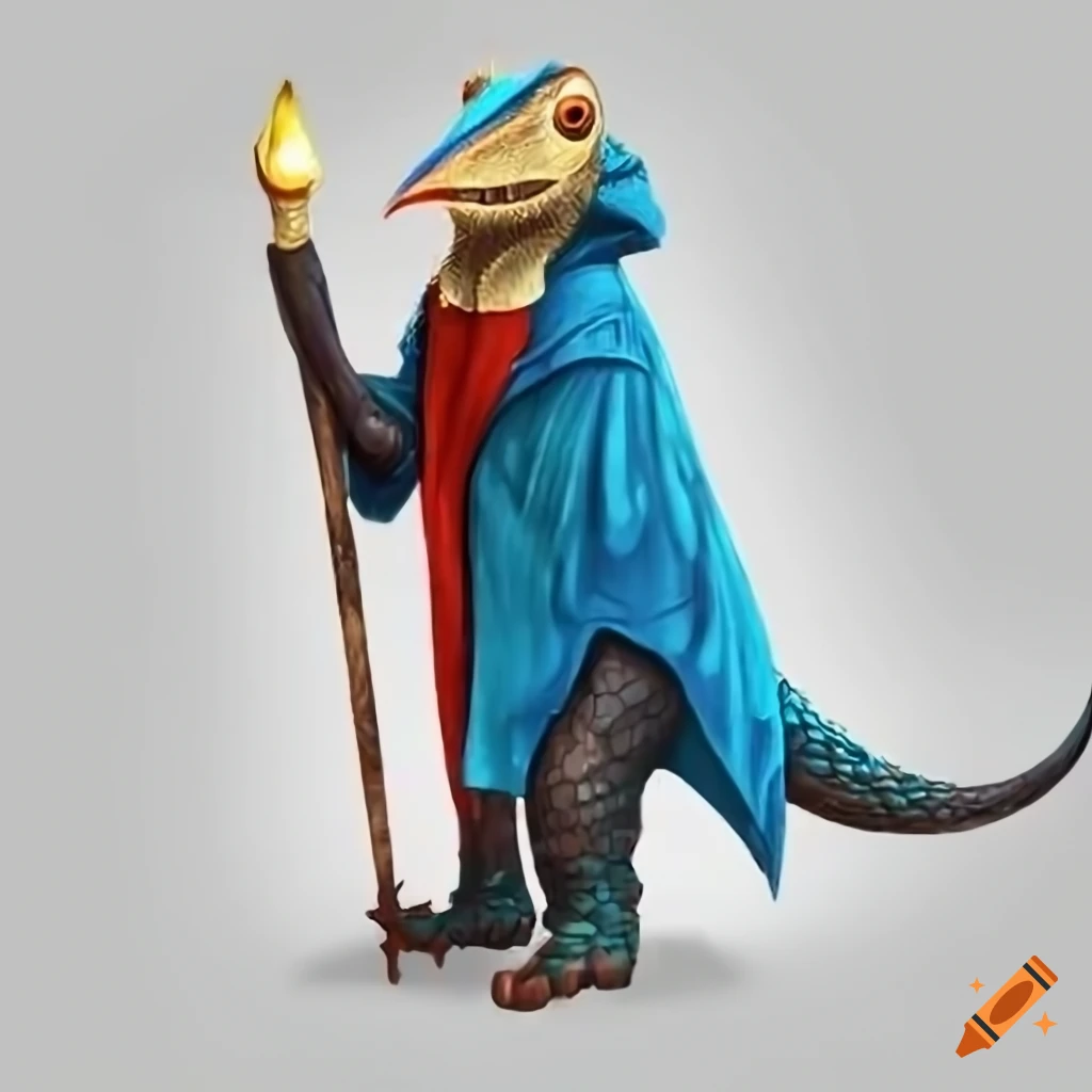 Realistic lizard witch character with silly face and unique attire