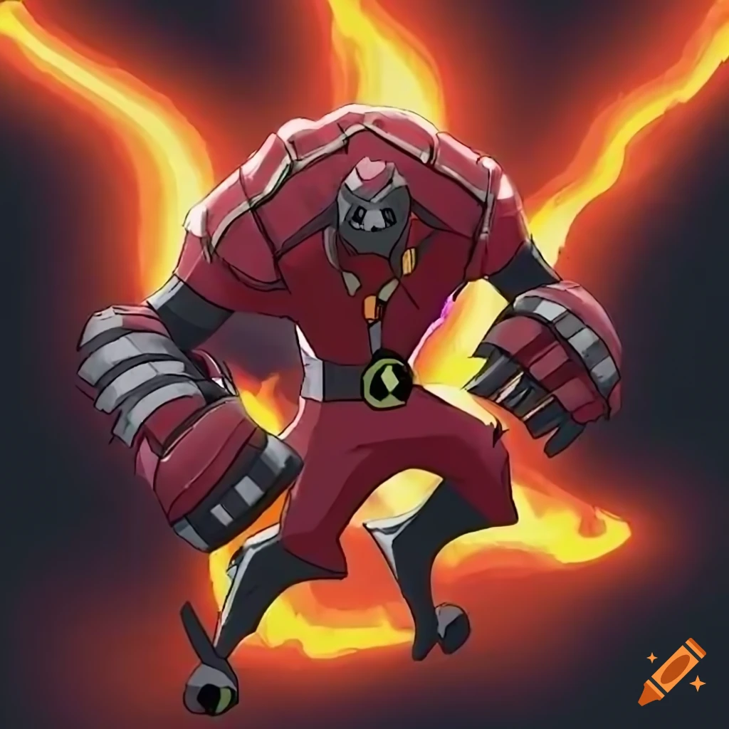 Fiery pyro warrior with molten lava and volcanic energy inspired by Heatblast