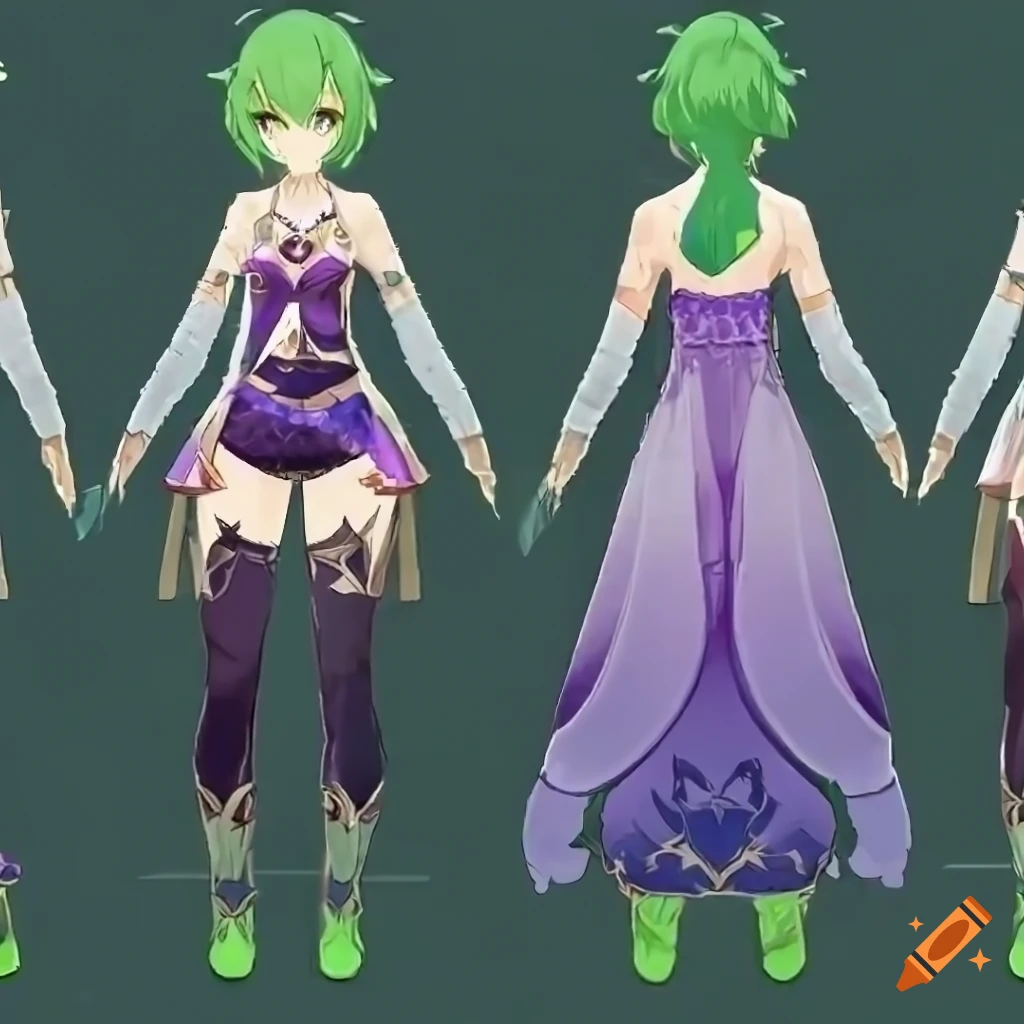 Genshin Impact style detailed dress with algae, pearls, and purple accents