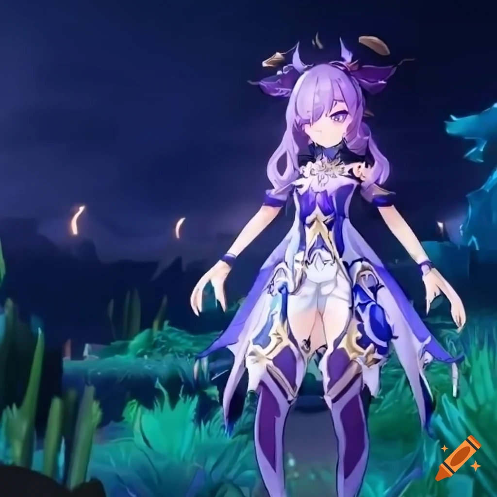 Detailed dress inspired by Genshin Impact style with algae, pearls, and purple accents