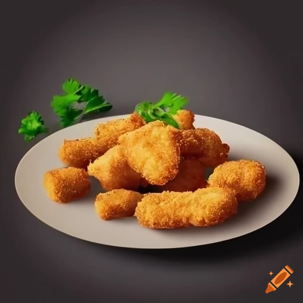 Close-up of crispy frozen chicken nuggets on a plate with sauces and coriander