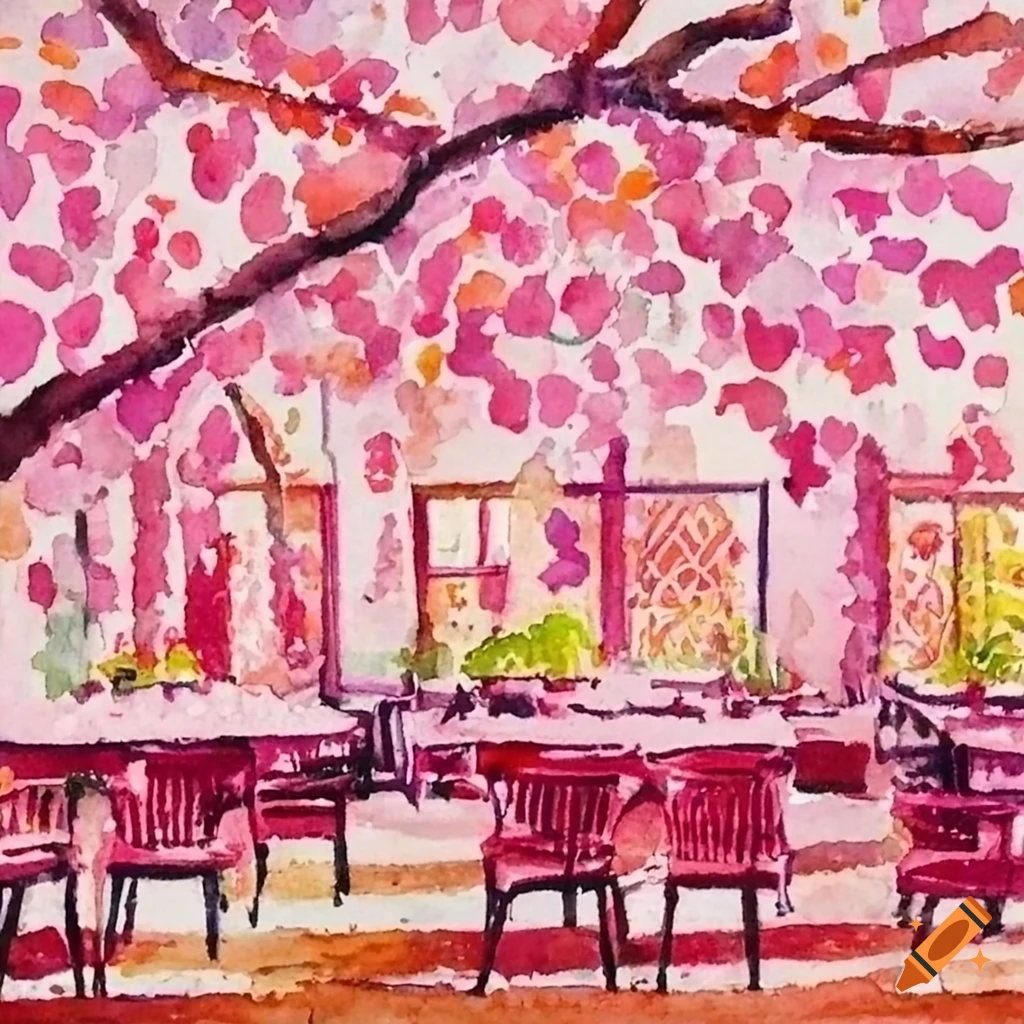 Cafeteria with pink tables and falling leaves in a pointillism watercolor style by Greg Rutkowski