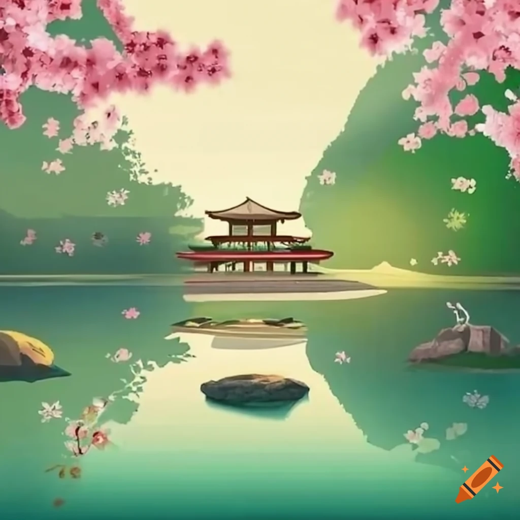 Serene Japanese garden with blooming cherry blossoms and peaceful pond ...