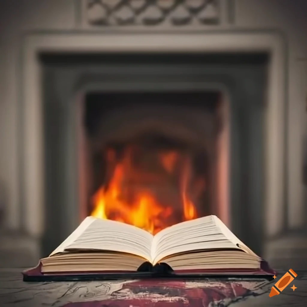 Open book in front of a fireplace