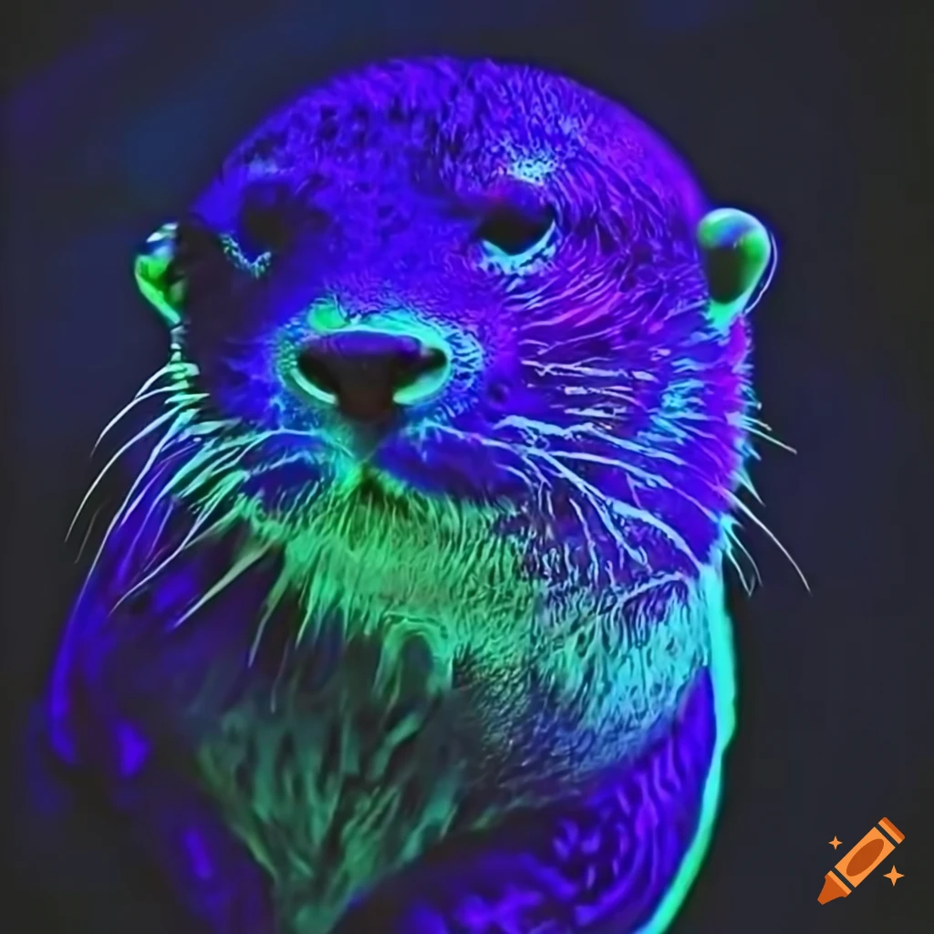 Swimming white otter with glowing bubbles in a trippy blacklight setting