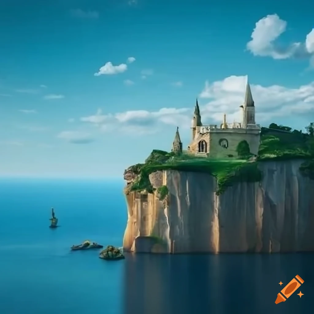Grand marble academy on a seaside cliff inspired by Aretuza