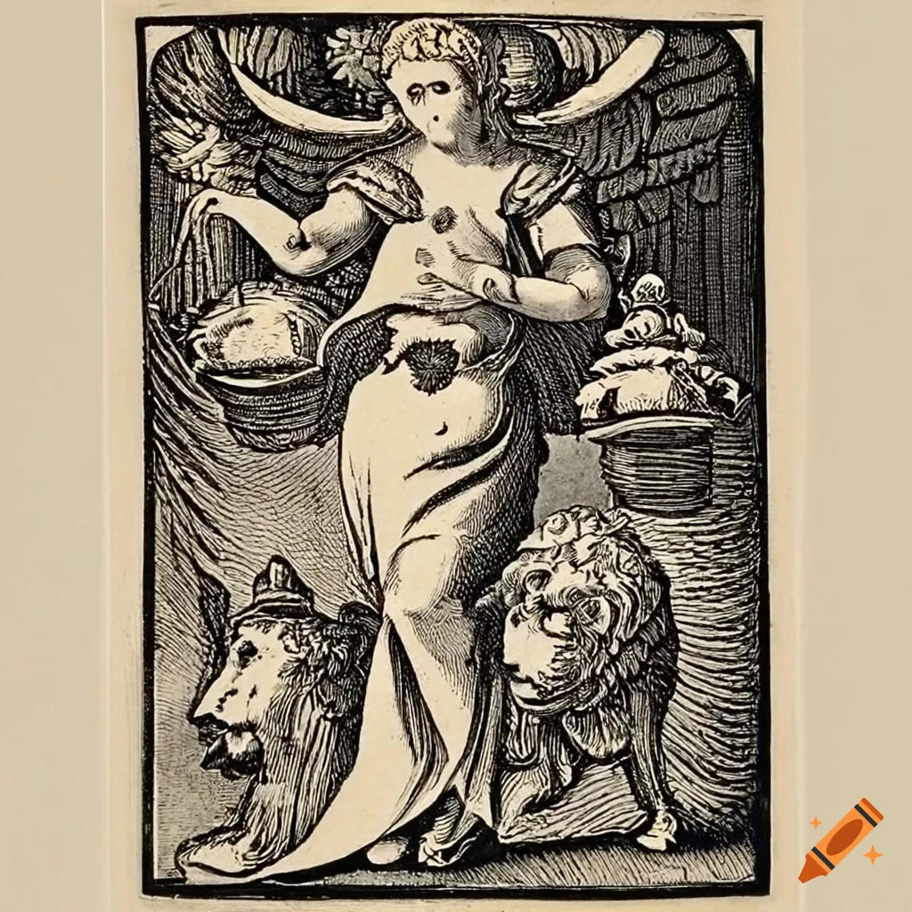 16th century woodcut of angel with tray of scepters, lion at her feet, town on horizon