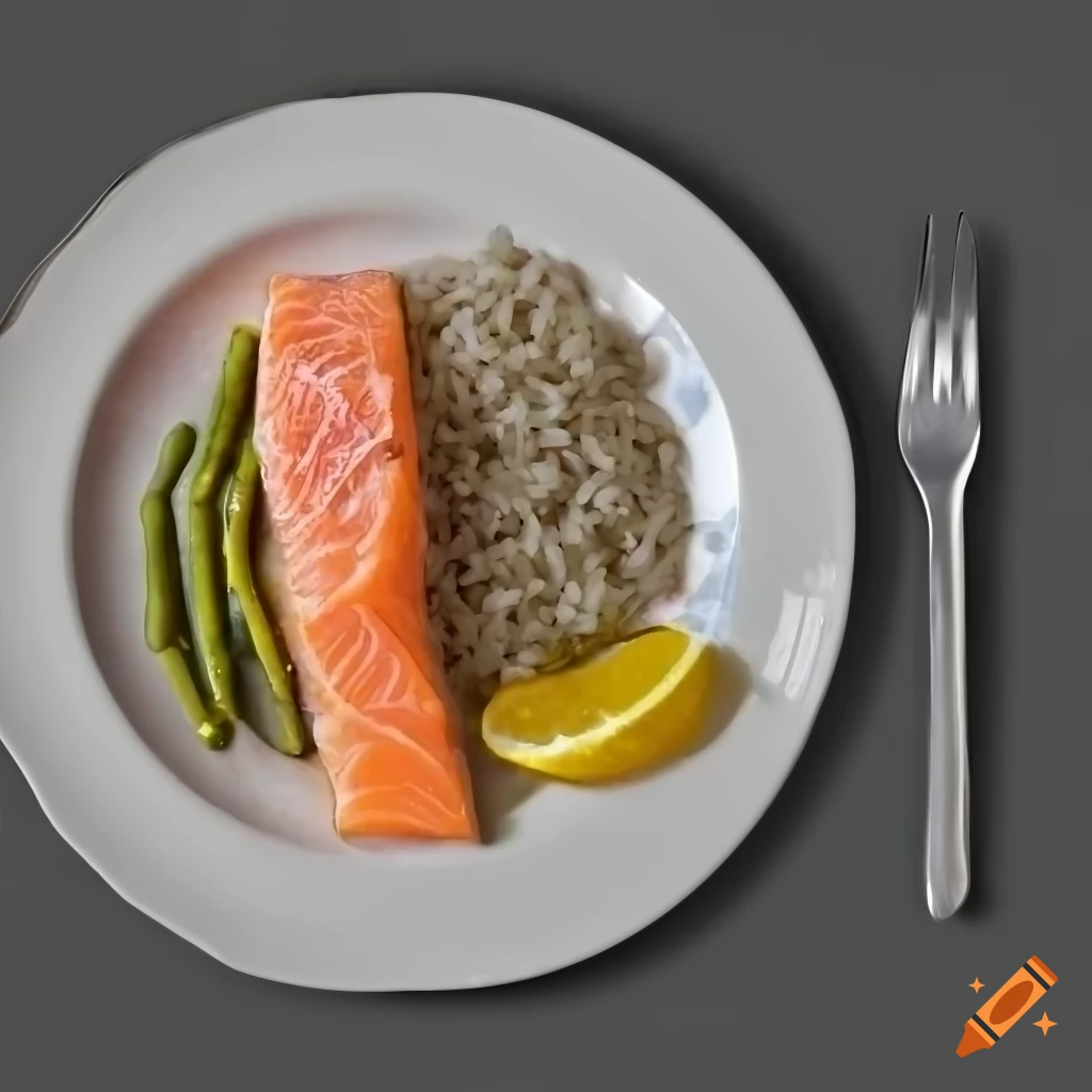 Plate with salmon, green beans, rice, pepper, and salt in olive oil and