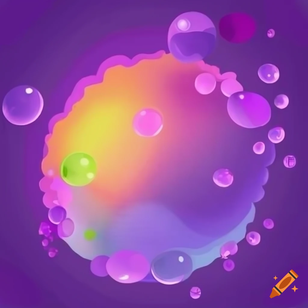 Cartoon style bursting bubbles of different colors on a purple background