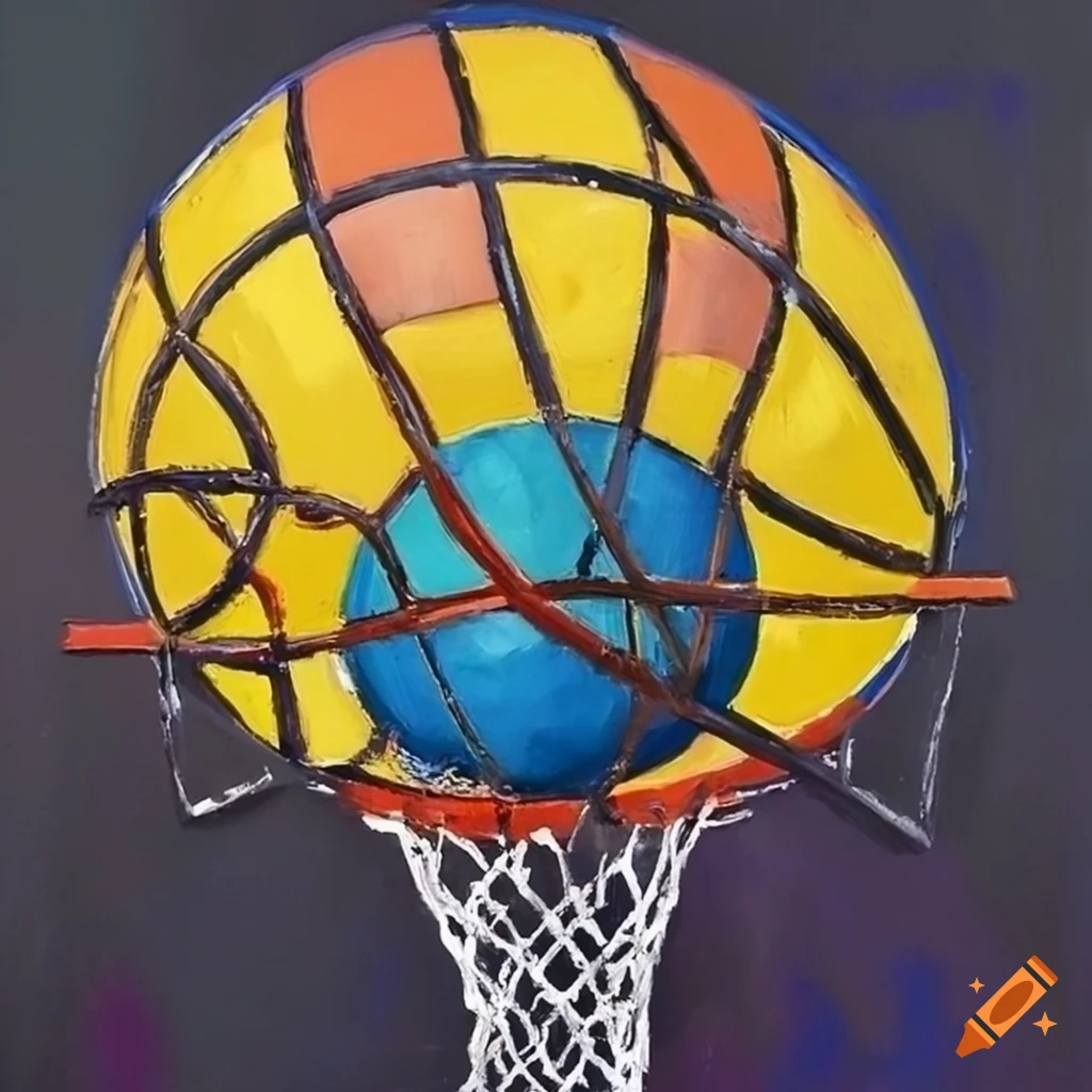 Abstract cubist oil painting of basketball hoop and ball in yellows on