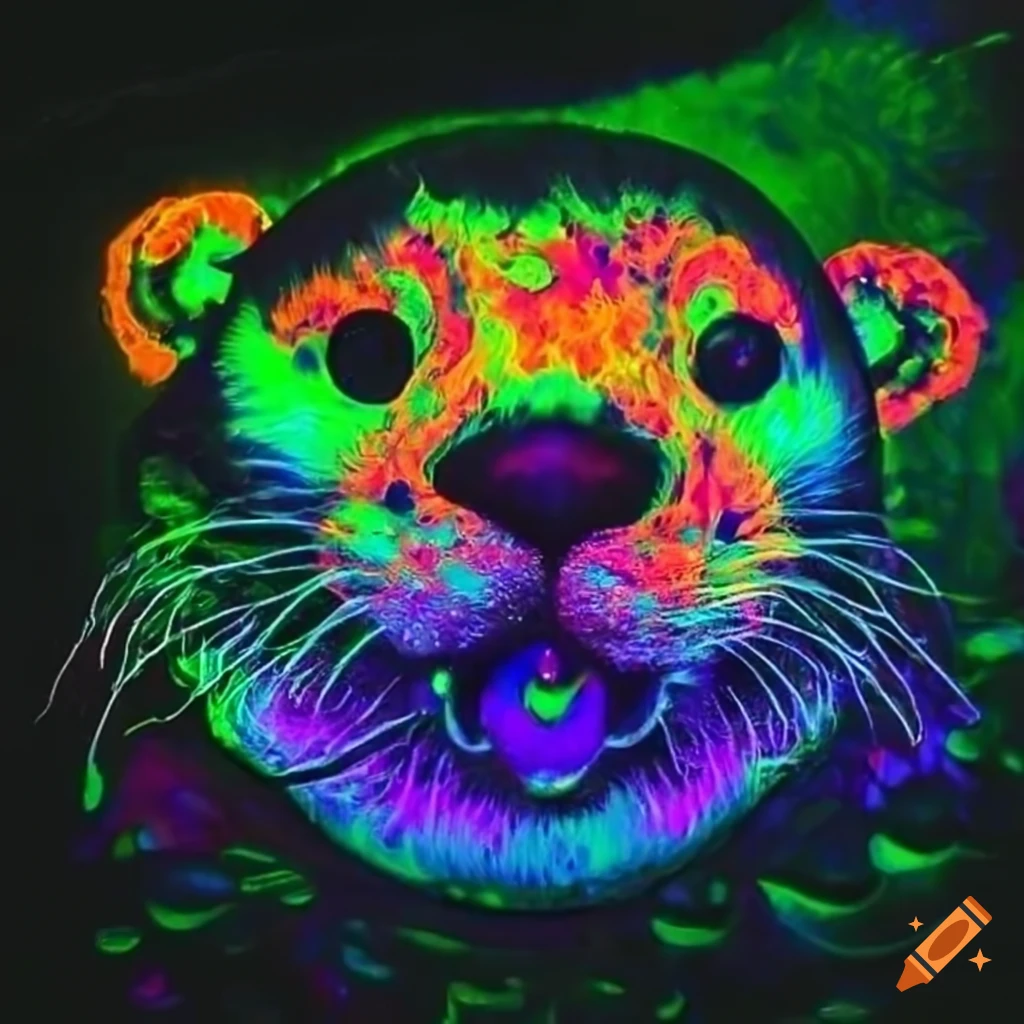 Swimming white otter with glowing bubbles in a trippy blacklight setting