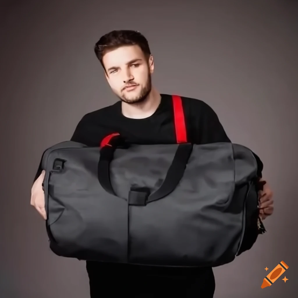 Man holding a black duffle bag in his studio