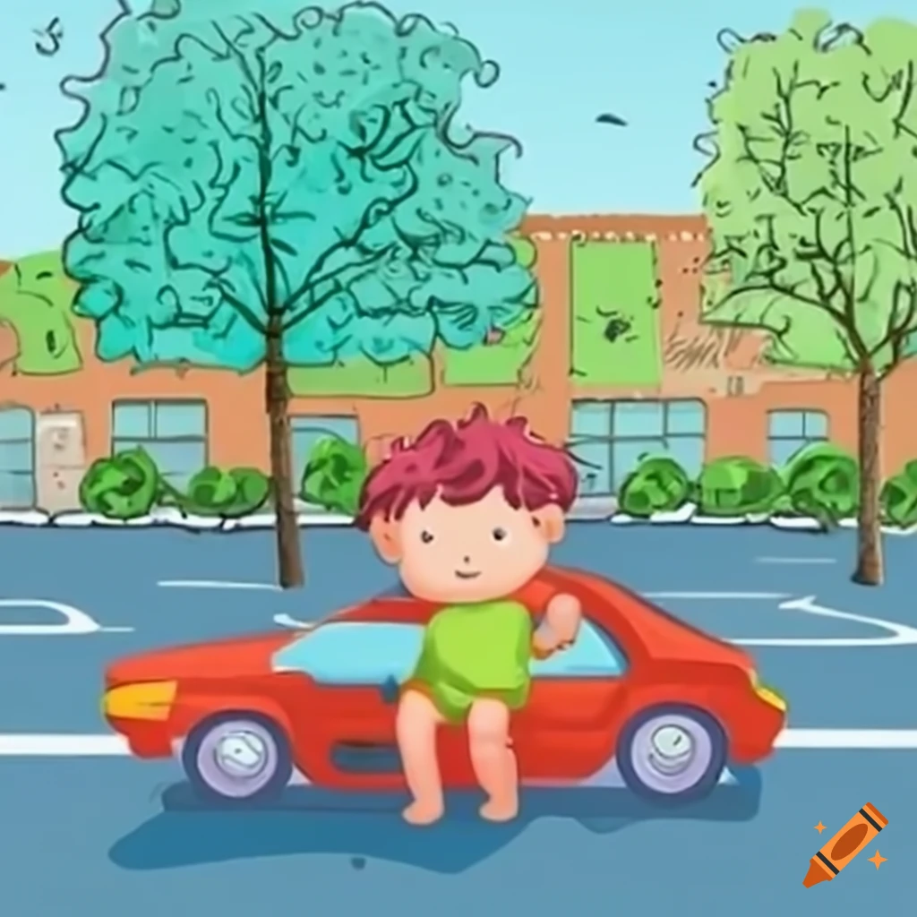 Kid waiting in a parking lot and touching a car for safety