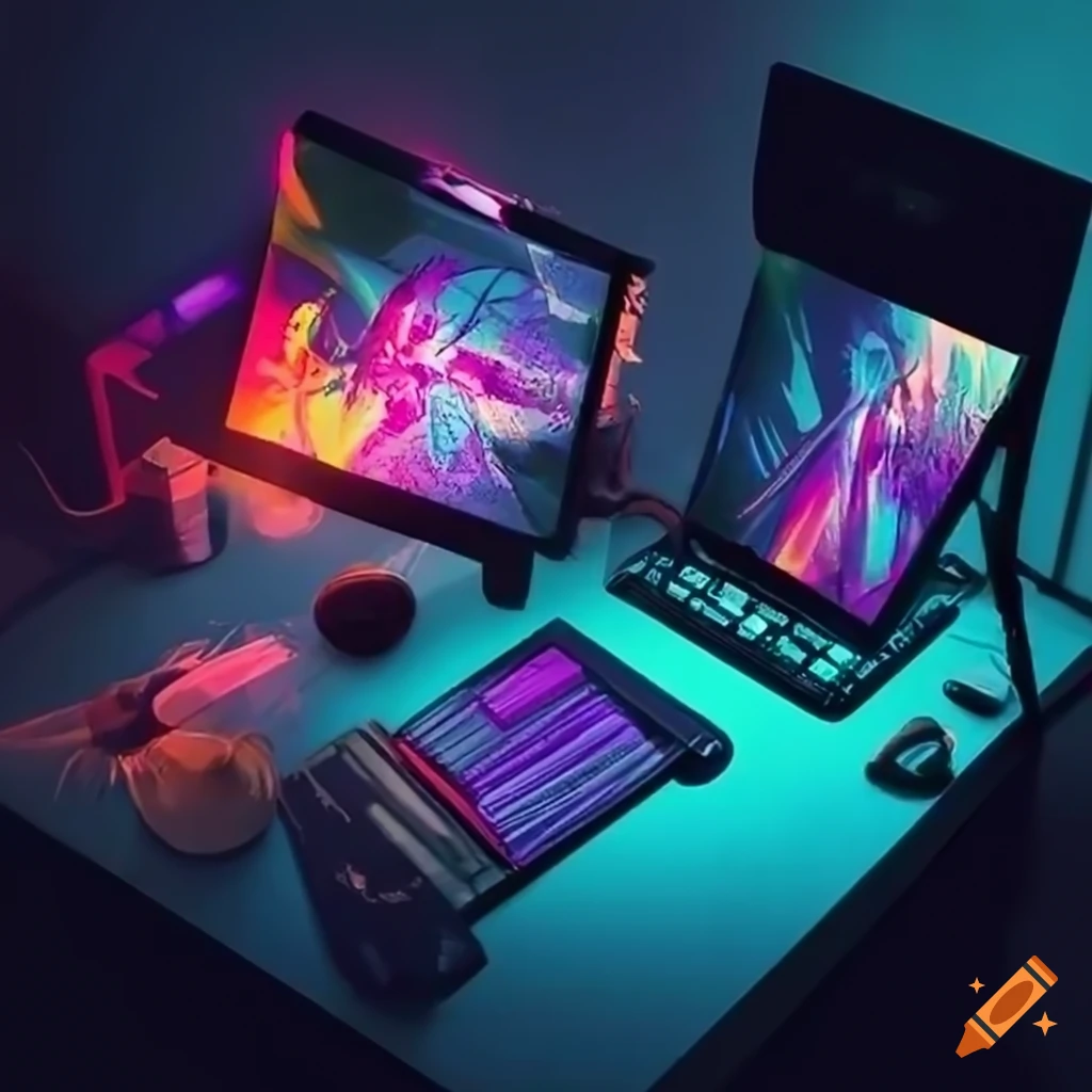 Digital artist s setup with paintbrush and open code editor on craiyon